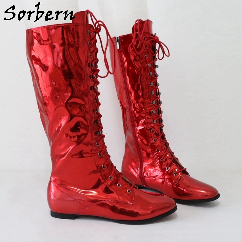 Sorbern Metallic Chunky Heel Knee High Boots Women Lockable Strap Platform Boots
