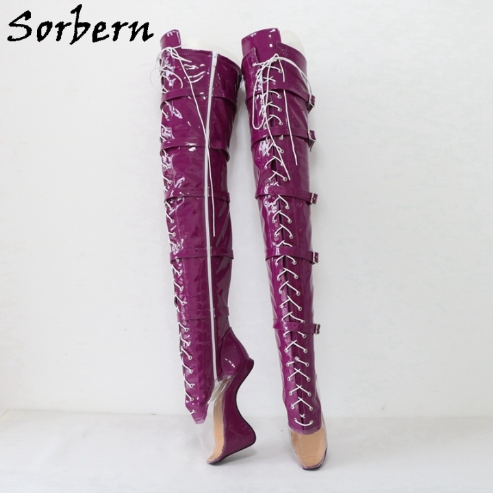 Sorbern Shiny Purple Clear PVC Boots Ballet High Heels Sexy Fetish Heelless