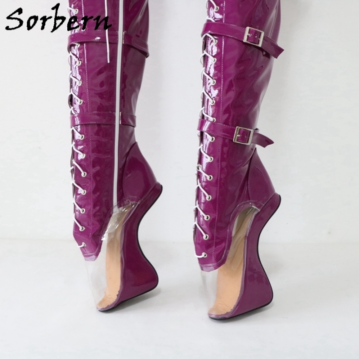 Sorbern Shiny Purple Clear PVC Boots Ballet High Heels Sexy Fetish Heelless
