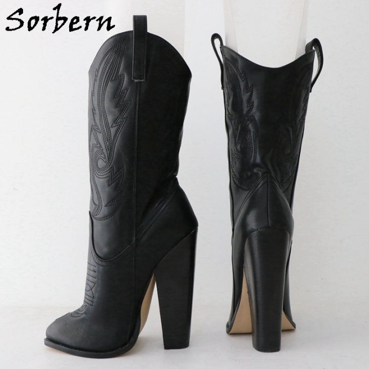 Sorbern Black Matt Embroidered Cowboy Boots Genuine Leather Block Chunky High Heels