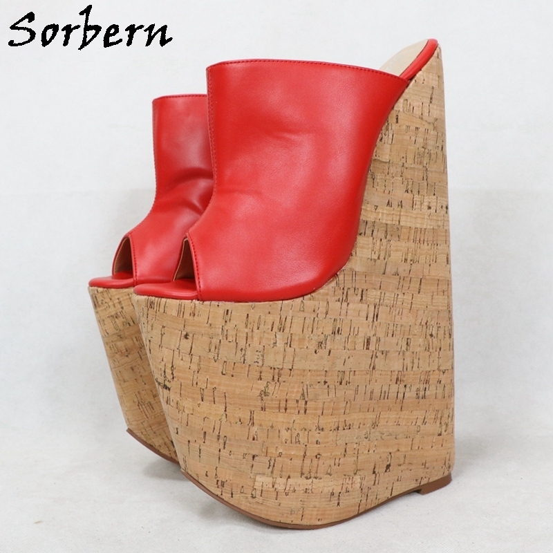 Sorbern Open Toe Black Wedge Mules Pump High Heel Platform Shoe For Ladyboy Heels 6643