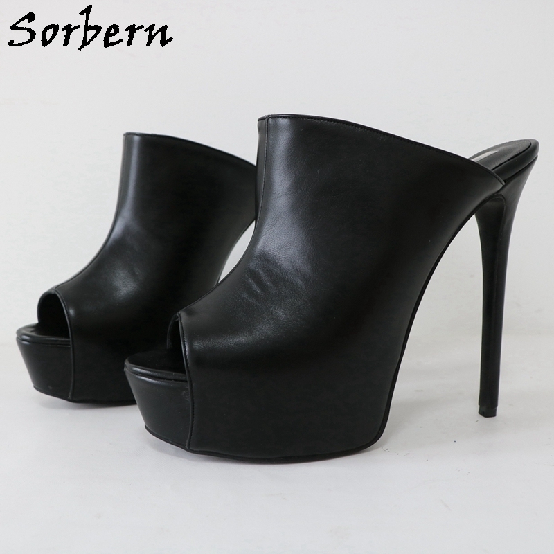 Sorbern Open Toe Black Wedge Mules Pump High Heel Platform Shoe For Ladyboy Heels 1952