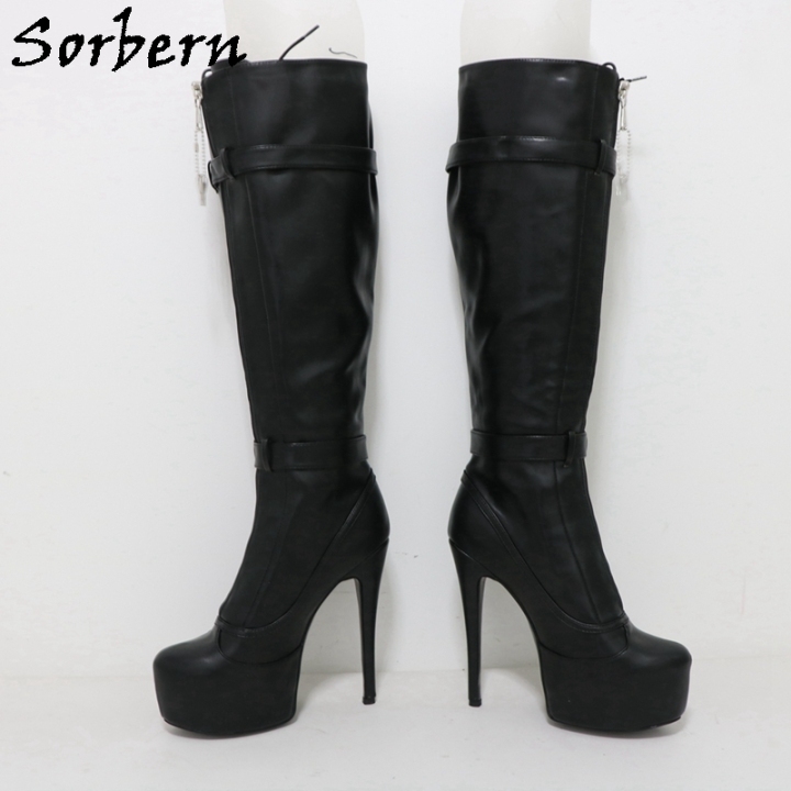 Sorbern Black Lockable Zipper Boots Unisex Knee High Heels Fetish Lace Up Straps With 4 Locks