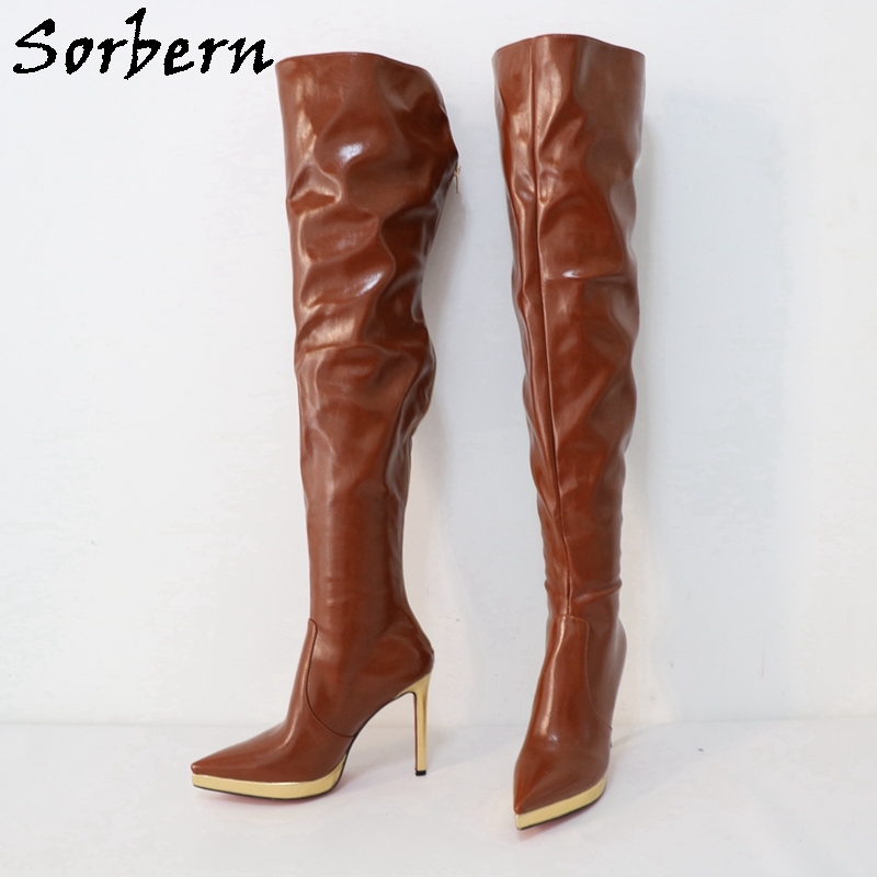 Sorbern Brown Oil 65cm Mid Thigh High Boots Pointed Toe Thin ...