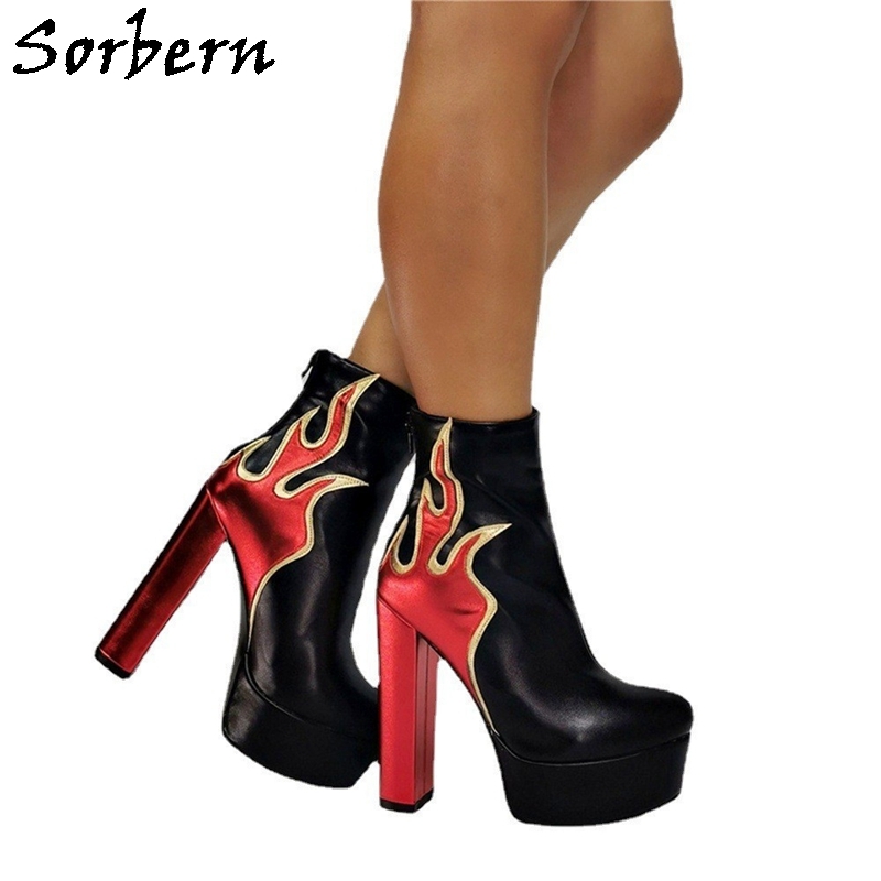Sorbern Fire Flames Women Ankle Boots Block High Heels Short
