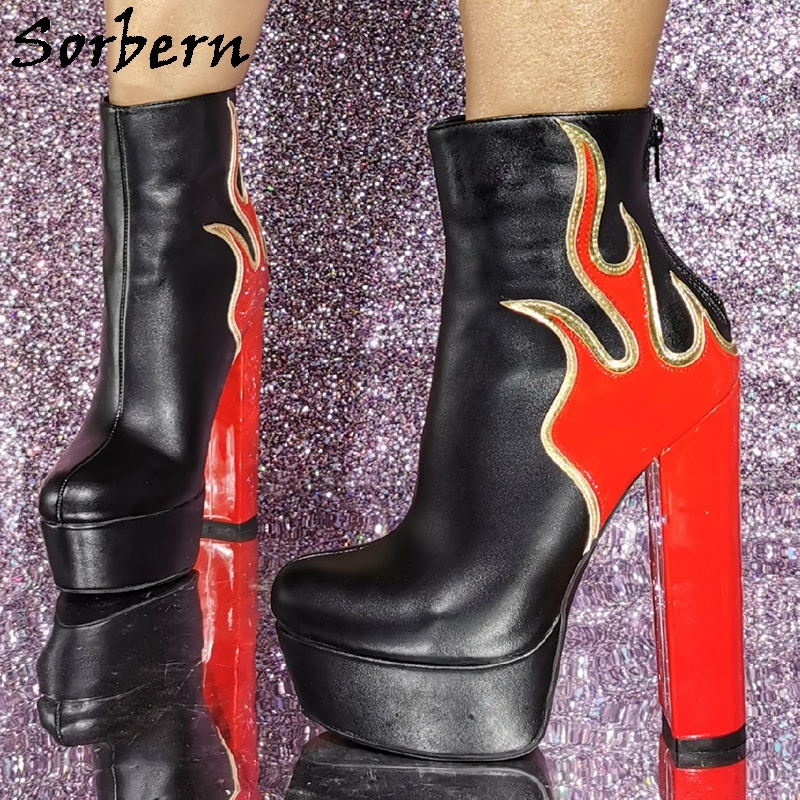 Sorbern Fire Flames Women Ankle Boots Block High Heels Short