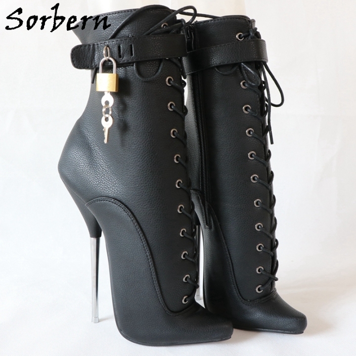 Sorbern Black Matt Ankle Boots Women Ballet Metal Heels 18Cm Stilettos Lockable Ankle Straps