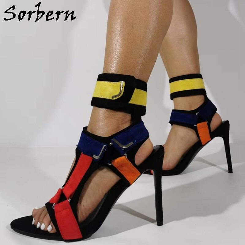 Sorbern Multi Color Women Sandals Ankle Straps Summer Shoe Stilettos Buckle Straps Summer Shoe Slingback Prom Party Heeled