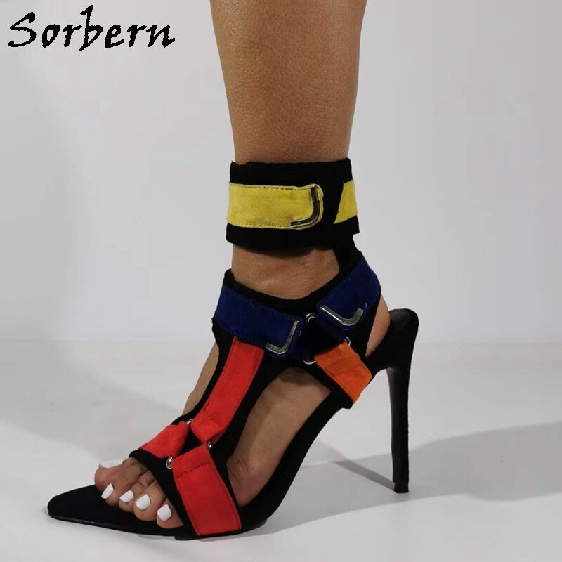 Sorbern Multi Color Women Sandals Ankle Straps Summer Shoe Stilettos Buckle Straps Summer Shoe Slingback Prom Party Heeled