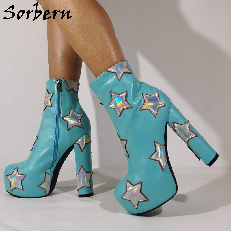 Sorbern Mint Green Ankle Boots Women Silver Holo Stars Block High Heels Invisible Platform Shoes Short Booties Unisex Large Size