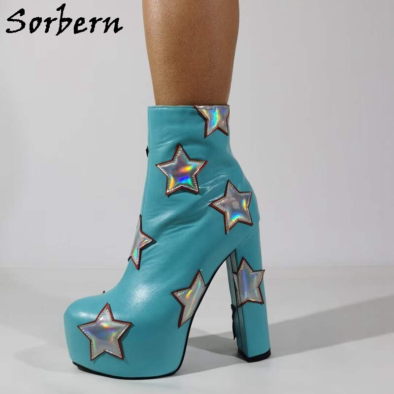 Sorbern Mint Green Ankle Boots Women Silver Holo Stars Block High Heels Invisible Platform Shoes Short Booties Unisex Large Size