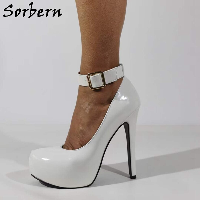 Sorbern White Ankle Strap Pumps Women Shoe Invisible Platform High Heel Stilettos Glossy Vintage Shoes Small Large Size 33-48