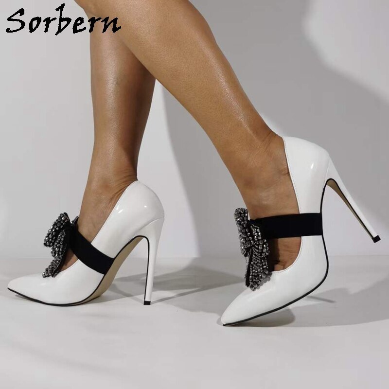 Sorbern White Patent Women Pump Shoes With Blingbling Bowknot Mary Jane Style Stilettos High Heel Ol Shoes Custom Colors