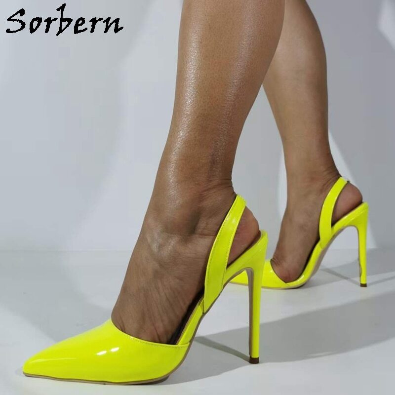 Sorbern Neon Yellow Slingback Pump Shoes Women Pointed Toes Slip On Stilettos High Heel Custom Multi Colors Size 35-48