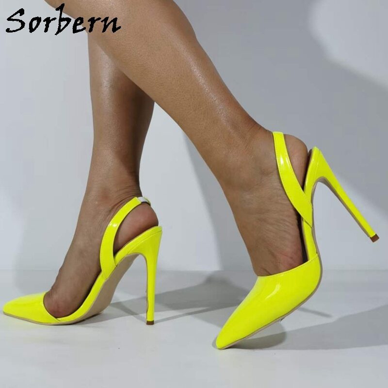 Sorbern Neon Yellow Slingback Pump Shoes Women Pointed Toes Slip On Stilettos High Heel Custom Multi Colors Size 35-48