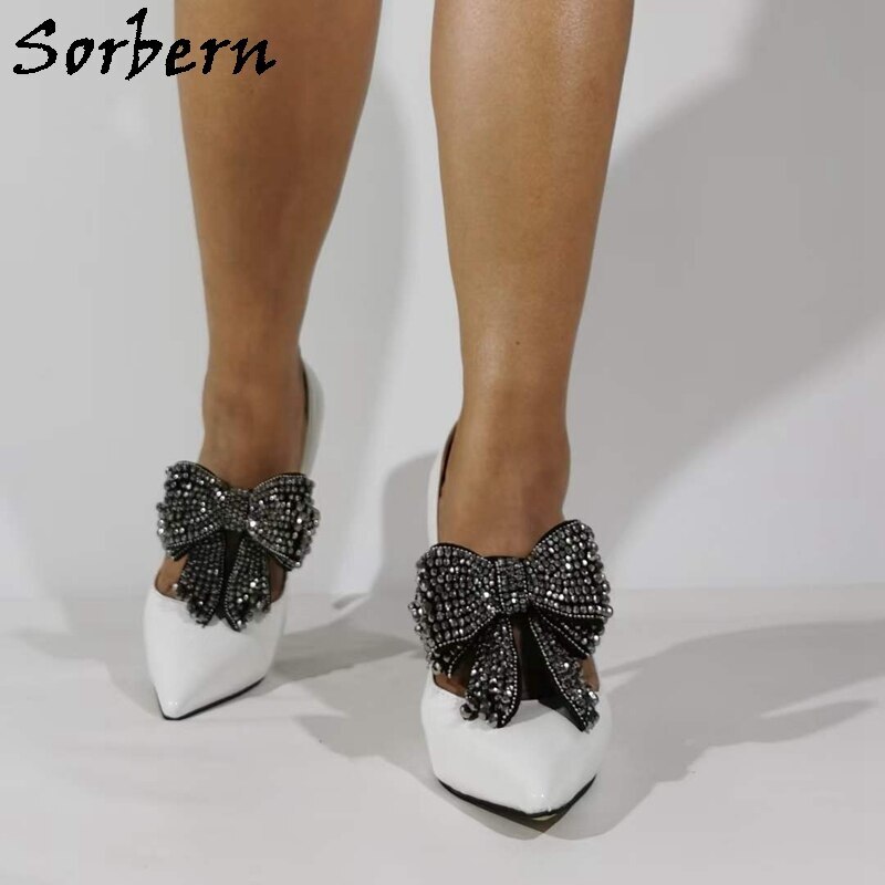 Sorbern White Patent Women Pump Shoes With Blingbling Bowknot Mary Jane Style Stilettos High Heel Ol Shoes Custom Colors