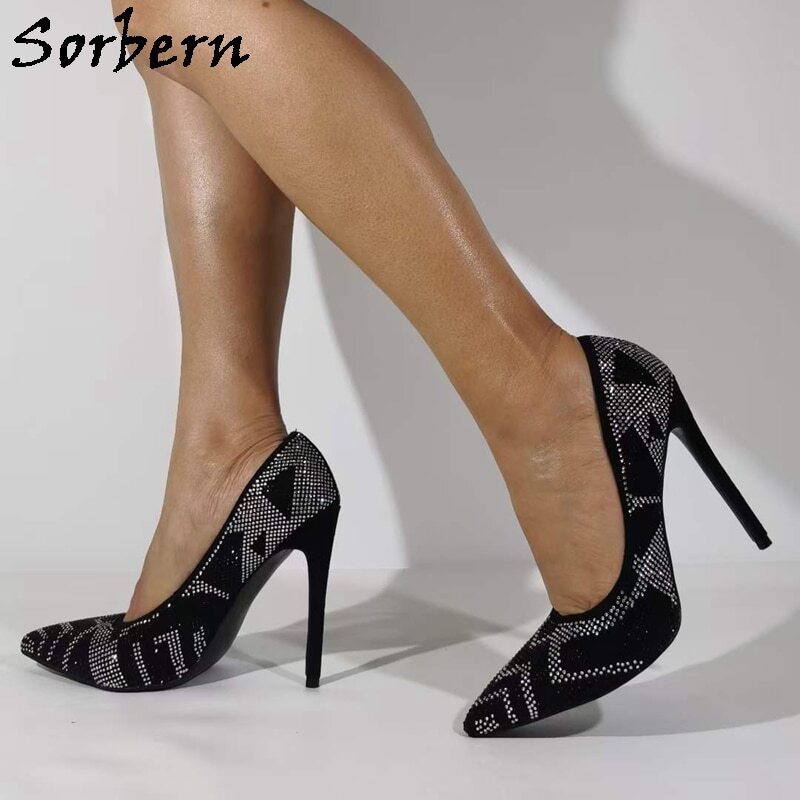 Sorbern Black Crystal Blingbling Women Pump High Heel Shoes Pointed Toe Night Club Footwear Slip On Famel Shoe Stilettos