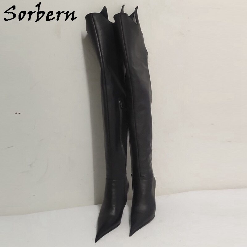 Sorbern Luxury Cow Leather Black Boots Women Mid Thigh High 8Cm Kitten Heels Pointed Toe Fetish Rear Zipper Size Eu37 Custom