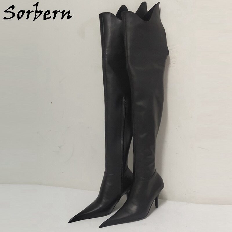 Sorbern Luxury Cow Leather Black Boots Women Mid Thigh High 8Cm Kitten Heels Pointed Toe Fetish Rear Zipper Size Eu37 Custom