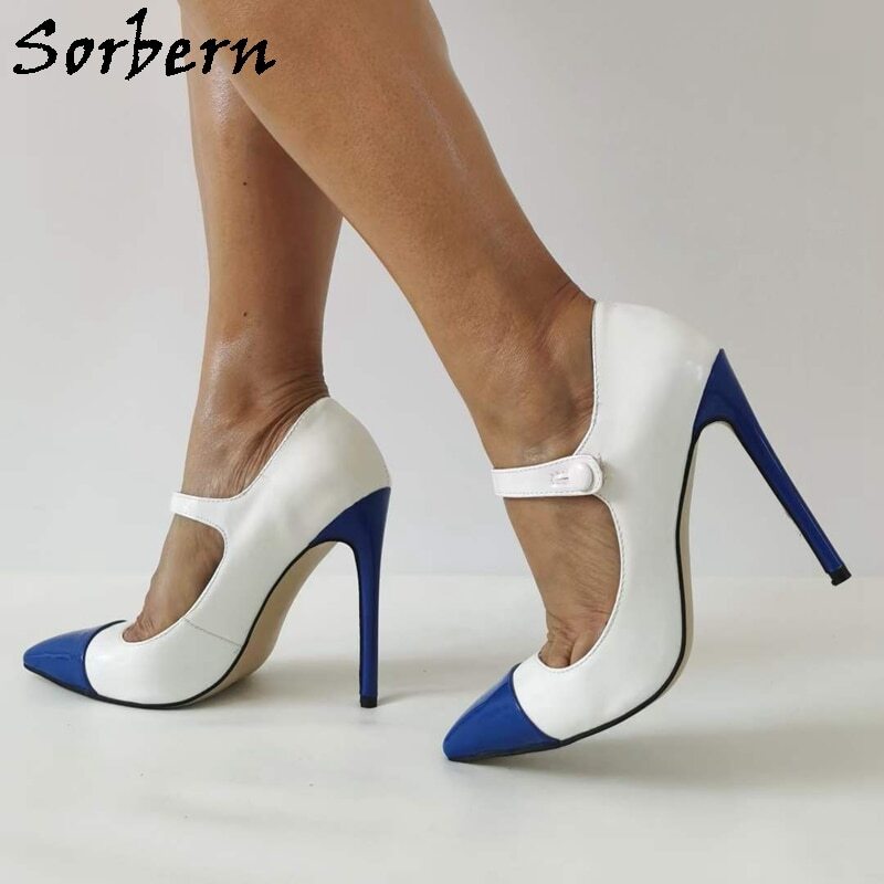 Sorbern Mary Janes White Women Pump Shoes Stilettos High Heel Pointed Toe Stilettos Multi Colors Blue And White Match