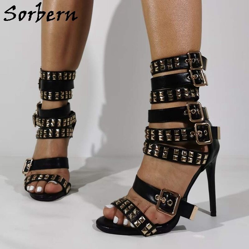 Sorbern Punk Unisex Sandals Rivets Gladiator Style Shoes Summer Stilettos High Heel Multi Buckles Strappy Heels Custom Color
