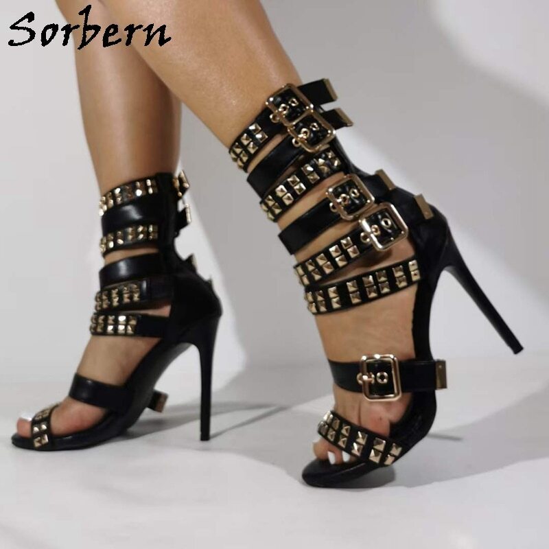 Sorbern Punk Unisex Sandals Rivets Gladiator Style Shoes Summer Stilettos High Heel Multi Buckles Strappy Heels Custom Color