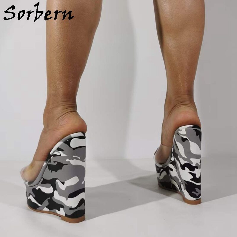 Sorbern Grey Camouflage Women Slippers Transparent Pvc Slides Female Wedges 15Cm High Heel Thick Platform Summer Shoe Outdoor