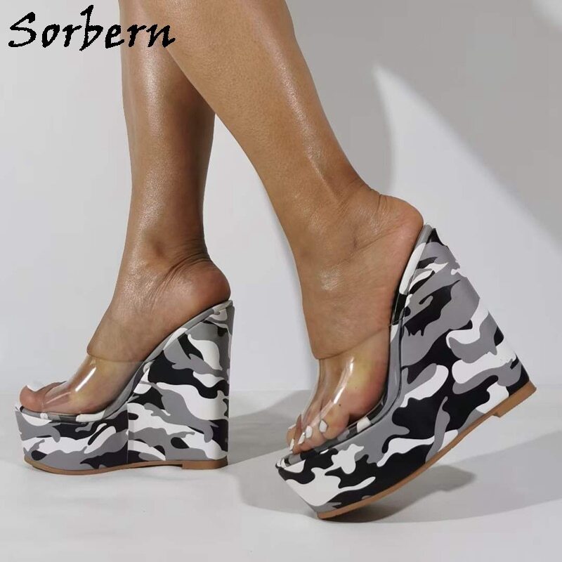 Sorbern Grey Camouflage Women Slippers Transparent Pvc Slides Female Wedges 15Cm High Heel Thick Platform Summer Shoe Outdoor