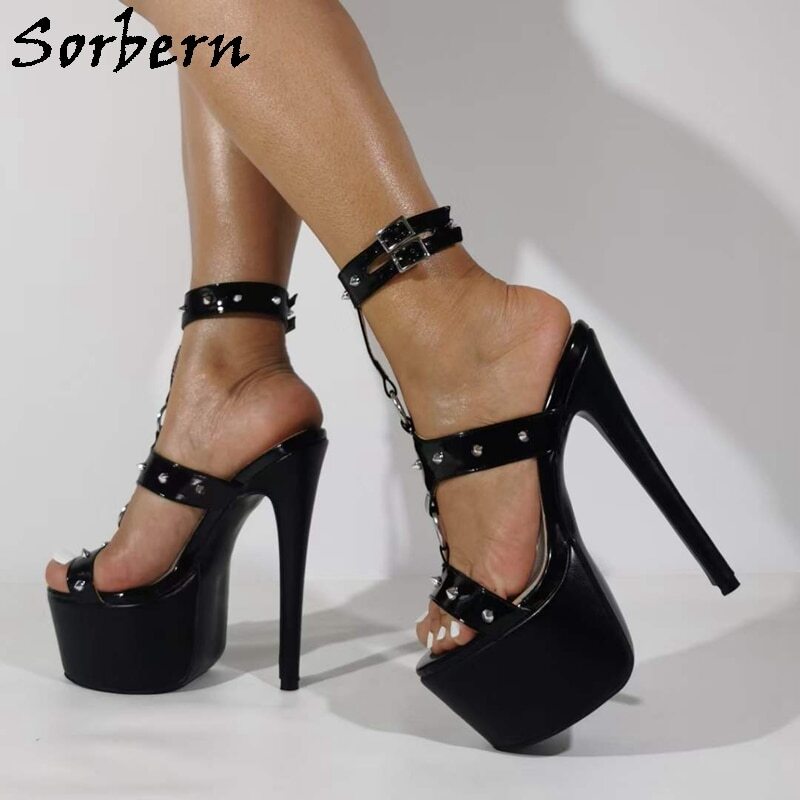 Sorbern Punk Style T-Strap Sandals Women High Heel Ankle Straps Rivets Studs Platform Summer Shoe Unisex Large Size Up To 48