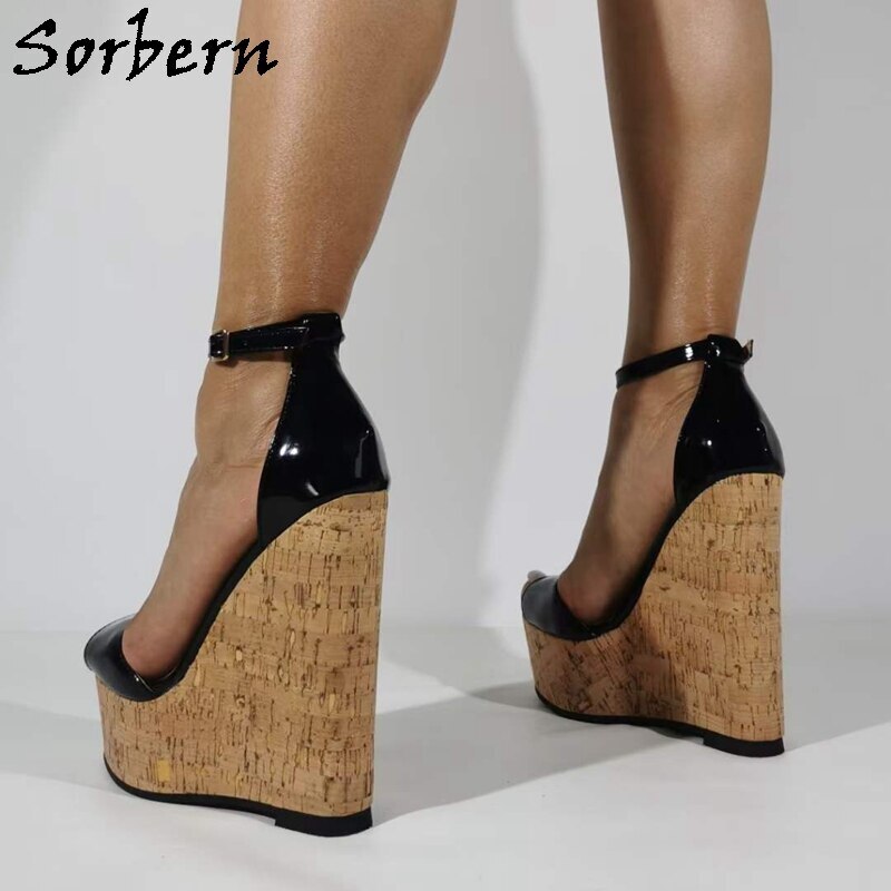 Sorbern Black Patent Women Sandals Cork Wedge High Heels Platform Summer Shoes Ankle Strap Summer Shoes Slingbacks Custom Color
