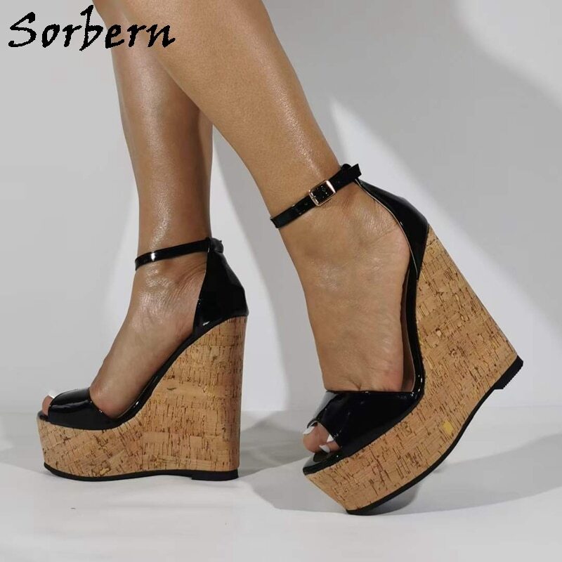 Sorbern Black Patent Women Sandals Cork Wedge High Heels Platform Summer Shoes Ankle Strap Summer Shoes Slingbacks Custom Color