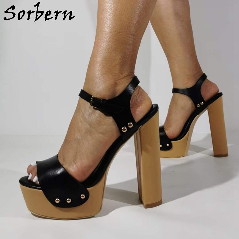 Sorbern Black Vintage Sandals Platform Block High Heel Ankle Strap Rivets Fixed Cork Chunky Heeled Slingback Multi Colors