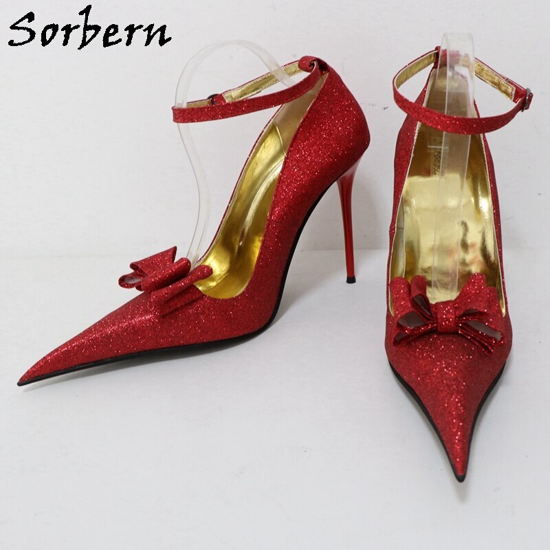 Sorbern Red Glitter Women Pump Shoes 12Cm Metal High Heel Thin Ankle Straps Pointed Toe