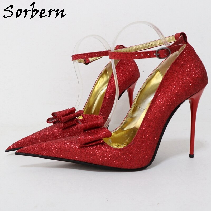 Sorbern Red Glitter Women Pump Shoes 12Cm Metal High Heel Thin Ankle Straps Pointed Toe