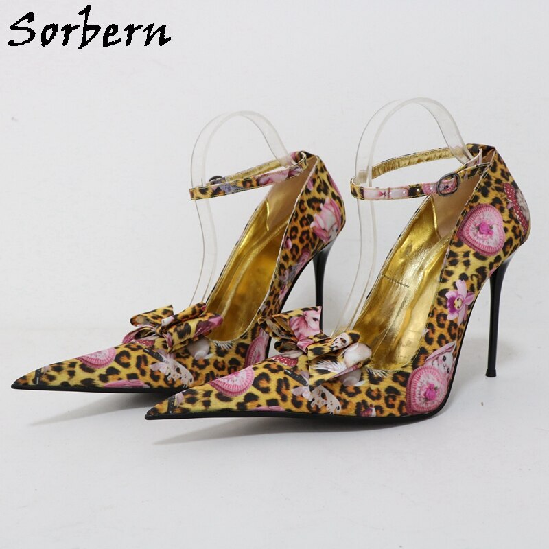 Sorbern Vintage Leopard Women Pump Shoe Ankle Straps Pointed Toe 12Cm Metal High Heel