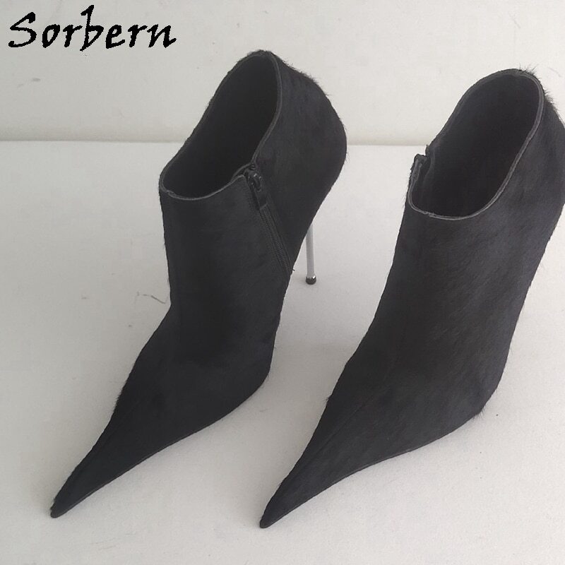 Sorbern Horsehair Real Leather Ankle Boots Women Sheepskin Lining Short Booties Unisex 14Cm Silver Metal High Heel Stilettos