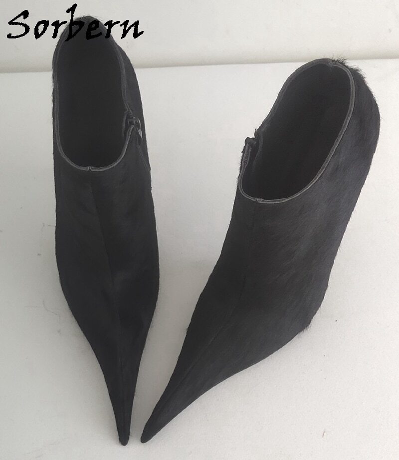 Sorbern Horsehair Real Leather Ankle Boots Women Sheepskin Lining Short Booties Unisex 14Cm Silver Metal High Heel Stilettos