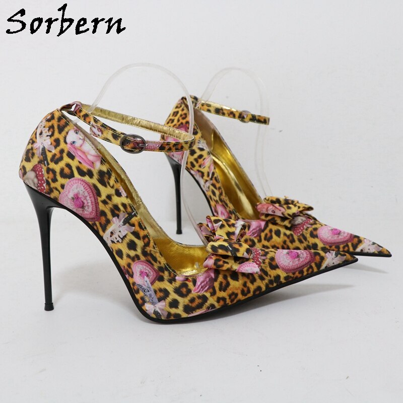 Sorbern Vintage Leopard Women Pump Shoe Ankle Straps Pointed Toe 12Cm Metal High Heel
