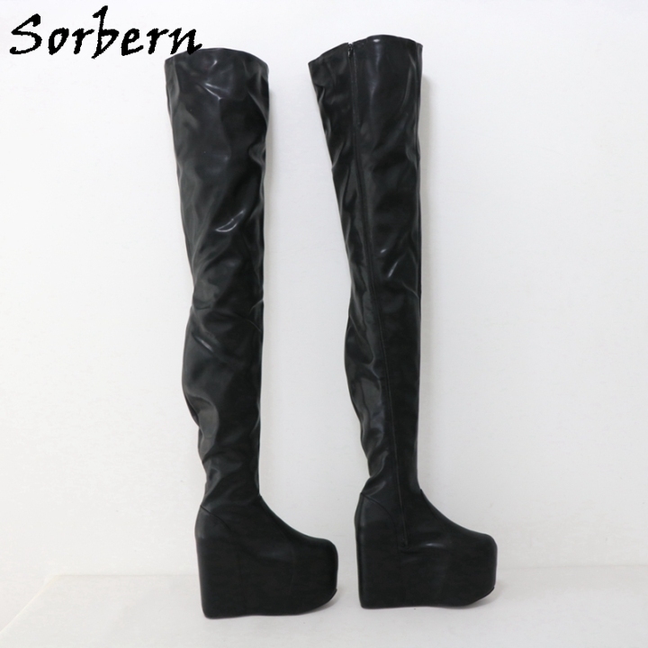 Sorbern Black Matt 97Cm Shaft Length Crotch Thigh High Boots Wedge