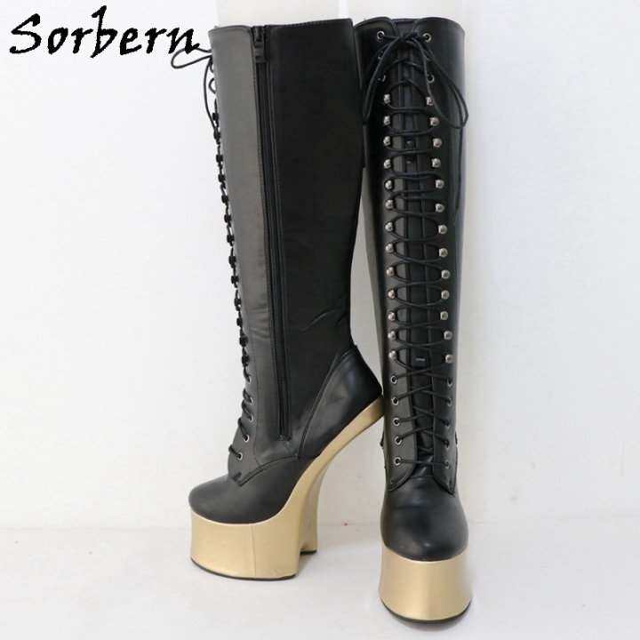 Sorbern Exotic Knee High Boots Women Heelless Horse Shoes Lace Up Sexy Fetish Crossdresser