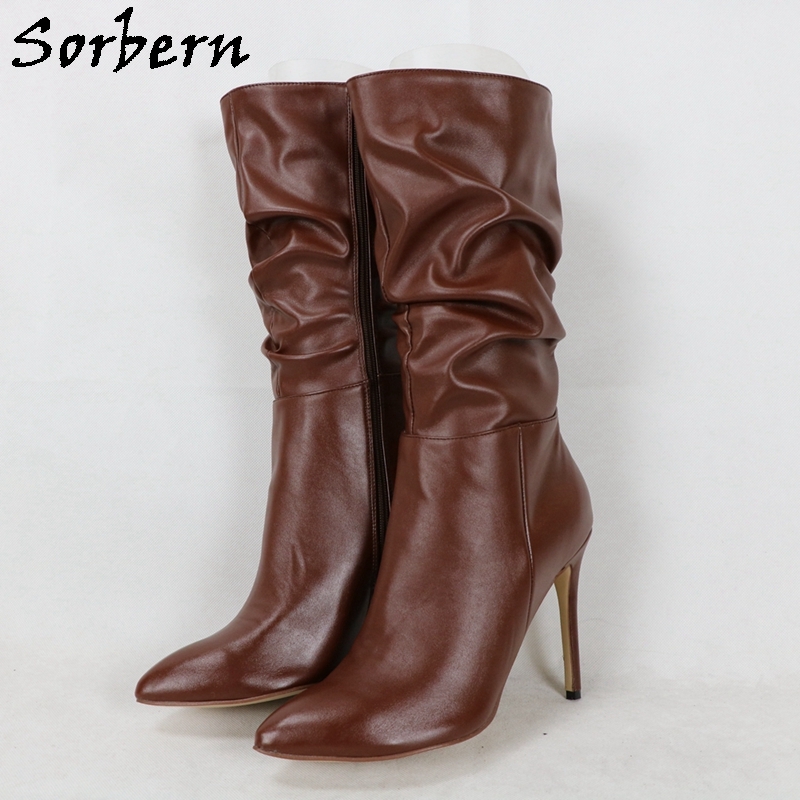 Sorbern Low Calf Boots Women High Heels Pointy Toes Zip Up Short