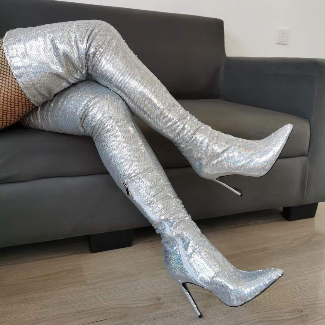 Sequin Peep Toe Lace-Up Stiletto Over-The-Knee Boots | Moda, Roupas, Looks  moda