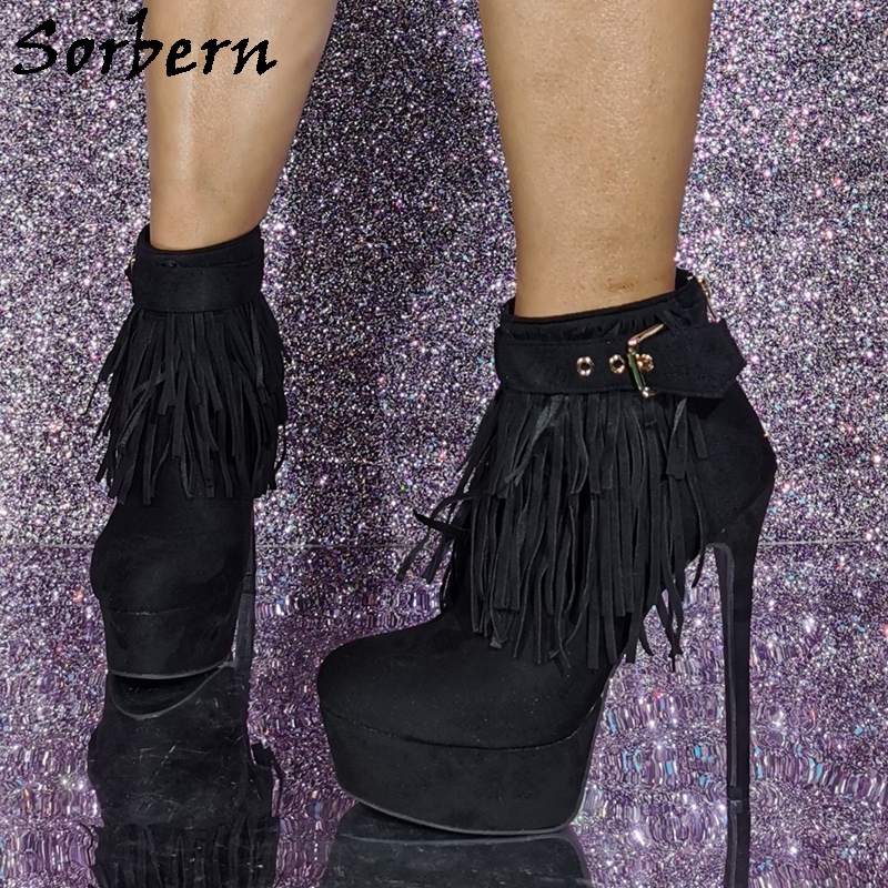 Rivet Pointy Toe High Heel Booties Shoes Black Leather Fringe Thin