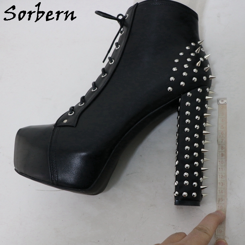 Sorbern Punk Rivets Ankle Boots Women Hidden Platform Block High Heel Unisex Style Shoes Ankle Strap