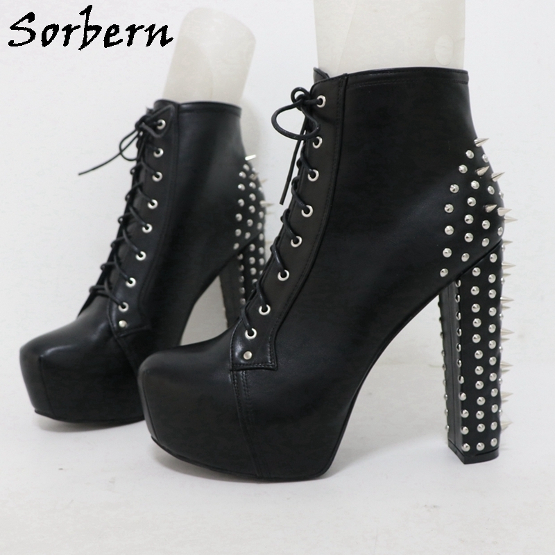 Sorbern Punk Rivets Ankle Boots Women Hidden Platform Block High Heel Unisex Style Shoes Ankle Strap