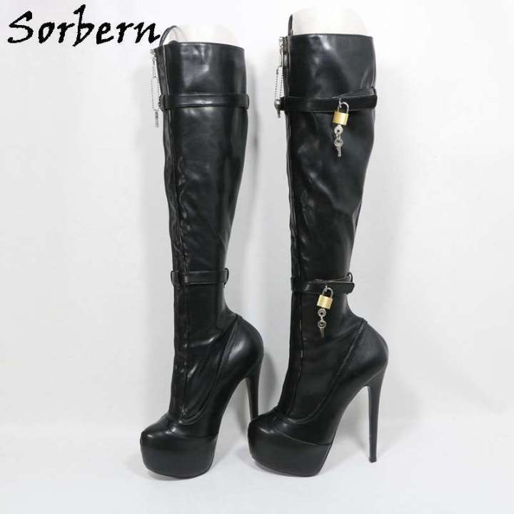 Sorbern Unisex High Ankle Boots Women Straps With Locks Visible Platform High Heels 25Cm Shaft Height Lockable Front Zipper Boot
