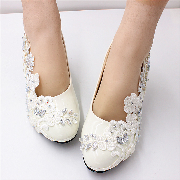 Sorbern White Bridal Wedding Shoes Crystal Lace Applique Slip On Round Toe 8CM Heels Shoes 3CM 5CM Flat Bridal Shoe