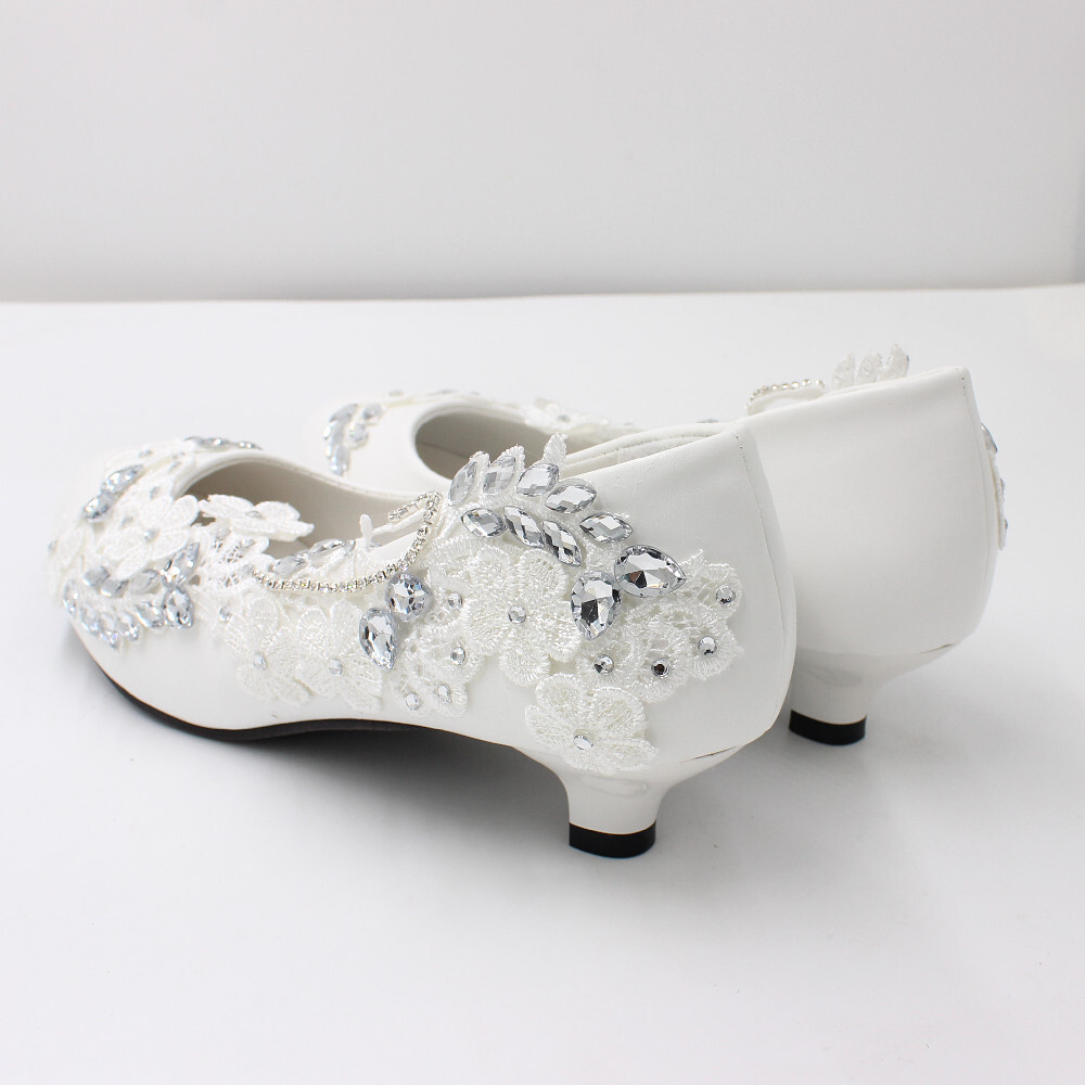 Sorbern White Bridal Wedding Shoes Crystal Lace Applique Slip On Round Toe 8CM Heels Shoes 3CM 5CM Flat Bridal Shoe