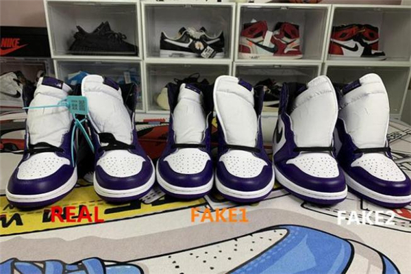 Song Sneaker Jordan 1 Retro High OG White Purple true and false comparison