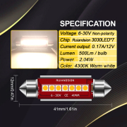 Ruiandsion 2pcs 6V 12V 24V LED Auto Interior Lights Aftermarket Car Roof CANBUS Ruiandsion ERROR 41mm FREE 211-2 578 44mm Festoon Bulb White 2W